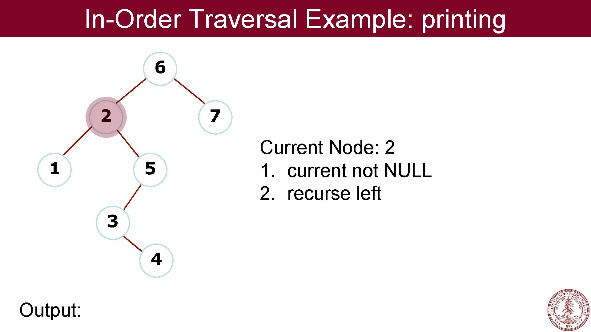 In-Order Traversal Example: printing 6 2 1 7 5 3 4 Output: Current Node: