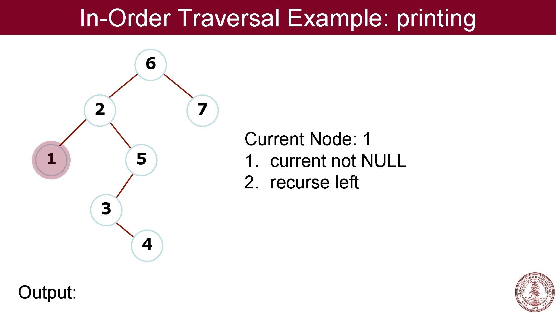 In-Order Traversal Example: printing 6 2 1 7 5 3 4 Output: Current Node: