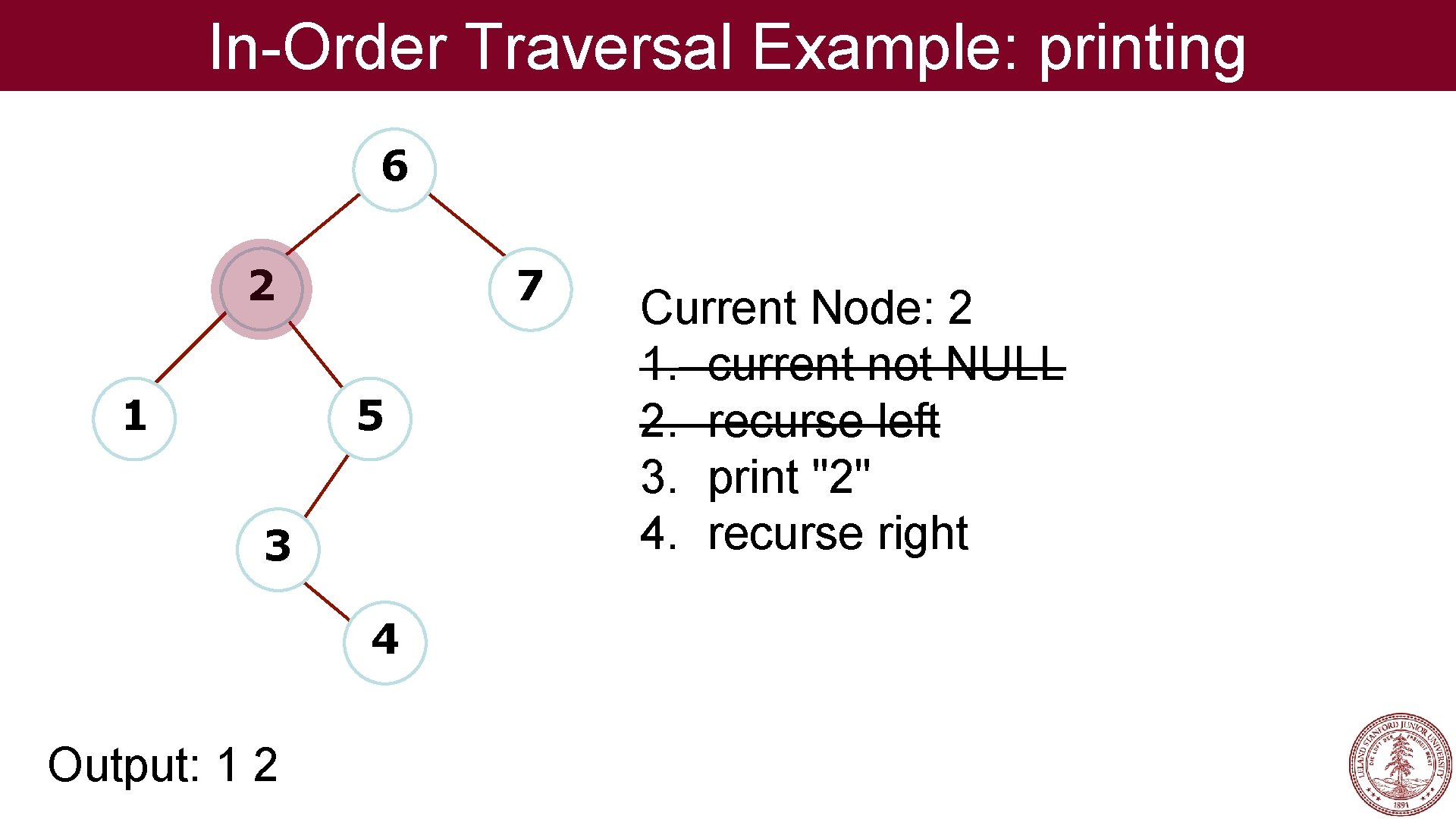 In-Order Traversal Example: printing 6 2 1 7 5 3 4 Output: 1 2