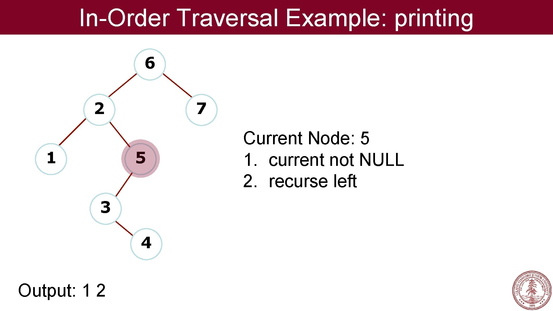 In-Order Traversal Example: printing 6 2 1 7 5 3 4 Output: 1 2