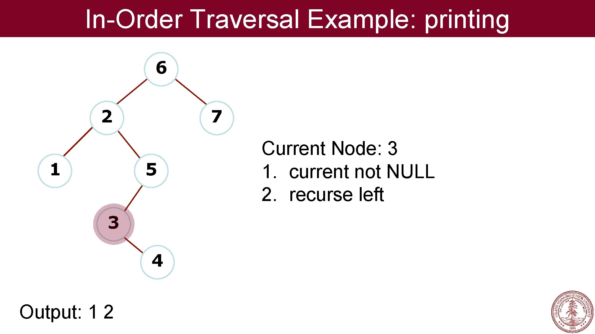 In-Order Traversal Example: printing 6 2 1 7 5 3 4 Output: 1 2
