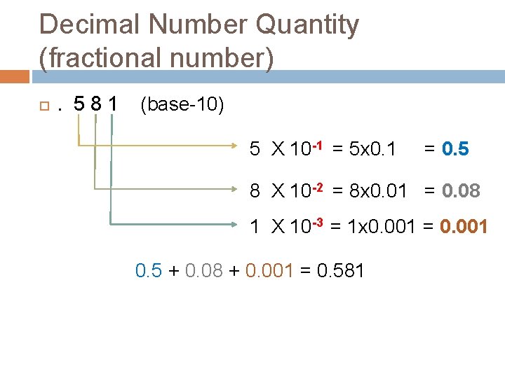 Decimal Number Quantity (fractional number) . 5 8 1 (base-10) 5 X 10 -1