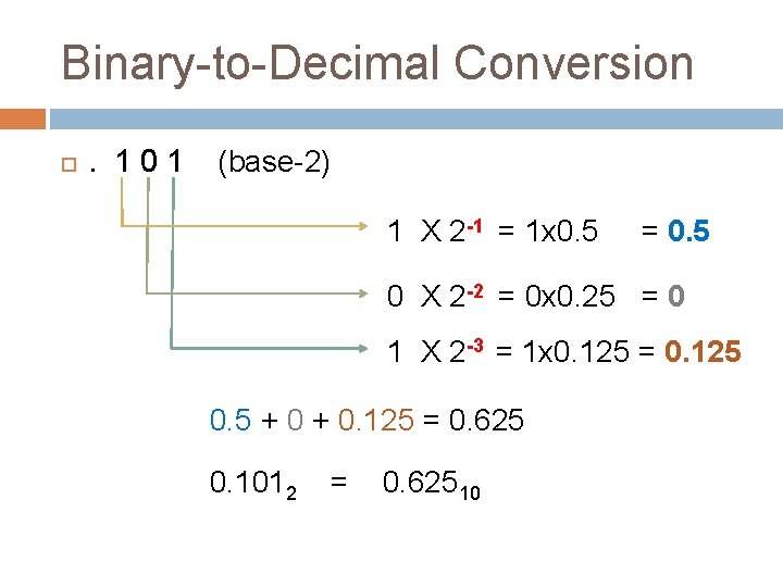 Binary-to-Decimal Conversion . 1 0 1 (base-2) 1 X 2 -1 = 1 x Binary-to-Decimal Conversion . 1 0 1 (base-2) 1 X 2 -1 = 1 x