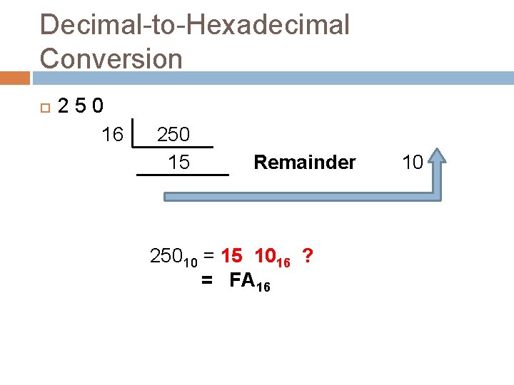 Decimal-to-Hexadecimal Conversion 2 5 0 16 250 15 Remainder 25010 = 15 1016 ?