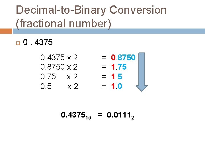 Decimal-to-Binary Conversion (fractional number) 0. 4375 x 2 0. 8750 x 2 0. 75