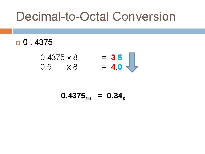 Decimal-to-Octal Conversion 0. 4375 x 8 0. 5 x 8 = 3. 5 =