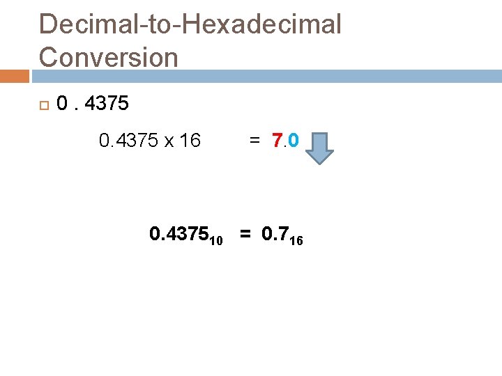 Decimal-to-Hexadecimal Conversion 0. 4375 x 16 = 7. 0 0. 437510 = 0. 716