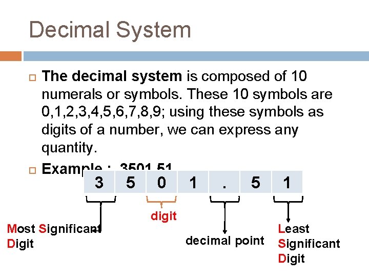 Decimal System The decimal system is composed of 10 numerals or symbols. These 10