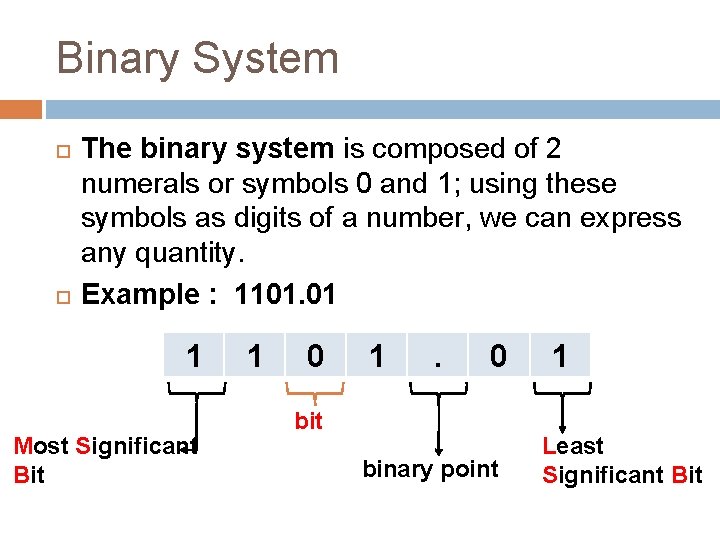 Binary System The binary system is composed of 2 numerals or symbols 0 and