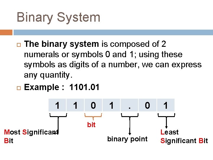 Binary System The binary system is composed of 2 numerals or symbols 0 and Binary System The binary system is composed of 2 numerals or symbols 0 and