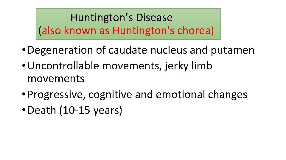  Huntington’s Disease (also known as Huntington's chorea) • Degeneration of caudate nucleus and