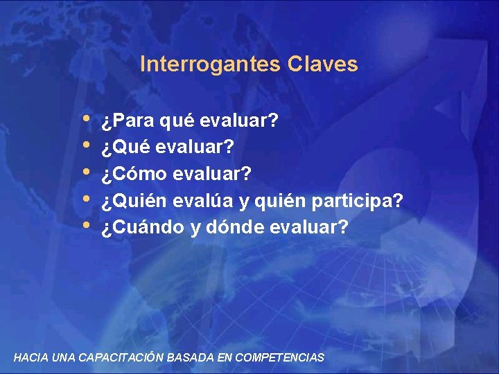 Interrogantes Claves • • • ¿Para qué evaluar? ¿Qué evaluar? ¿Cómo evaluar? ¿Quién evalúa