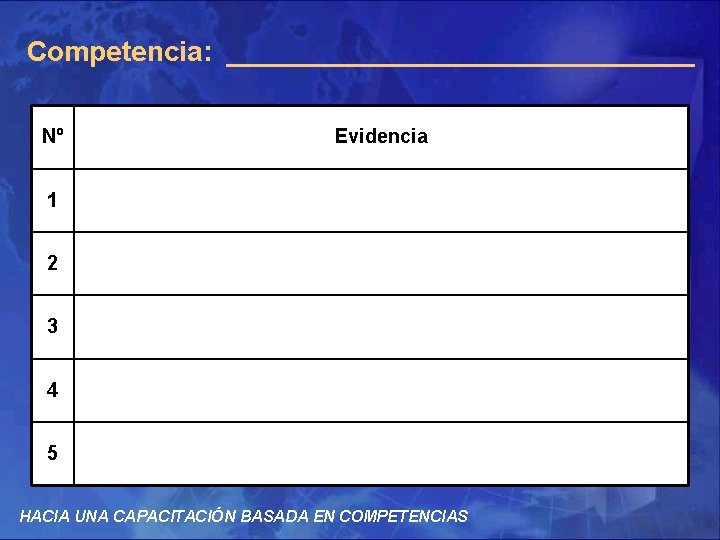 Competencia: _______________ Nº Evidencia 1 2 3 4 5 HACIA UNA CAPACITACIÓN BASADA EN