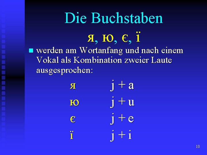 Die Buchstaben я, ю, є, ї n werden am Wortanfang und nach einem Vokal