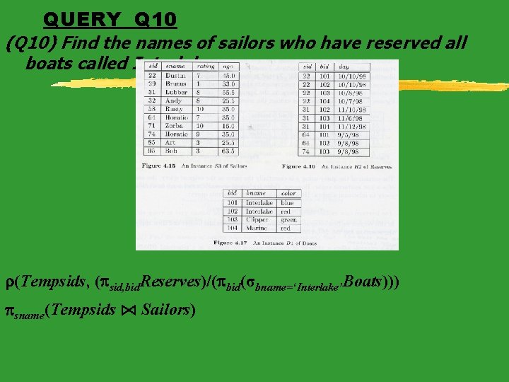 QUERY Q 10 (Q 10) Find the names of sailors who have reserved all