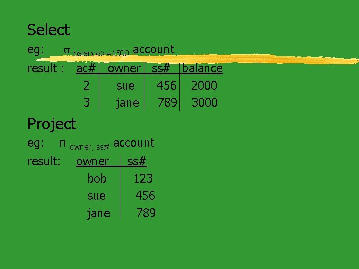 Select s balance>=1500 account eg: result : ac# owner ss# balance 2 sue 456