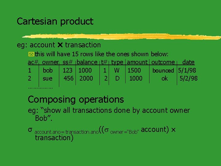 Cartesian product eg: account transaction y this will have 15 rows like the ones