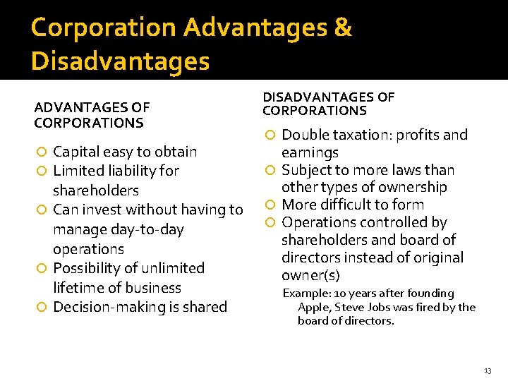 Corporation Advantages & Disadvantages ADVANTAGES OF CORPORATIONS Capital easy to obtain Limited liability for