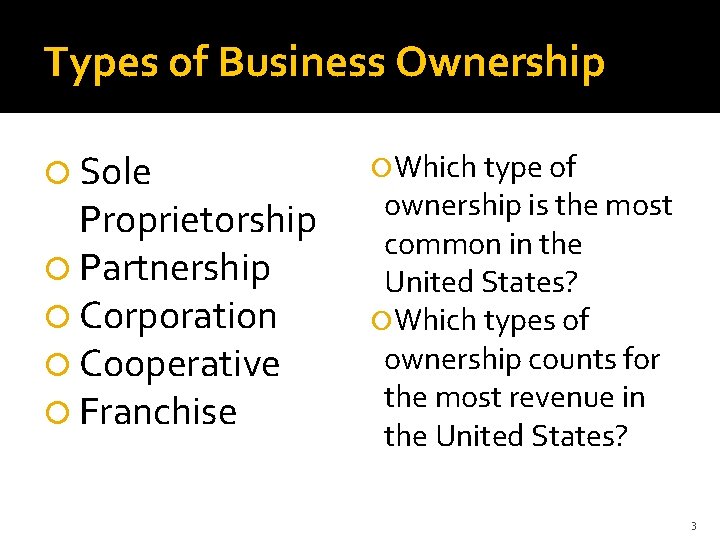 Types of Business Ownership Sole Proprietorship Partnership Corporation Cooperative Franchise Which type of ownership
