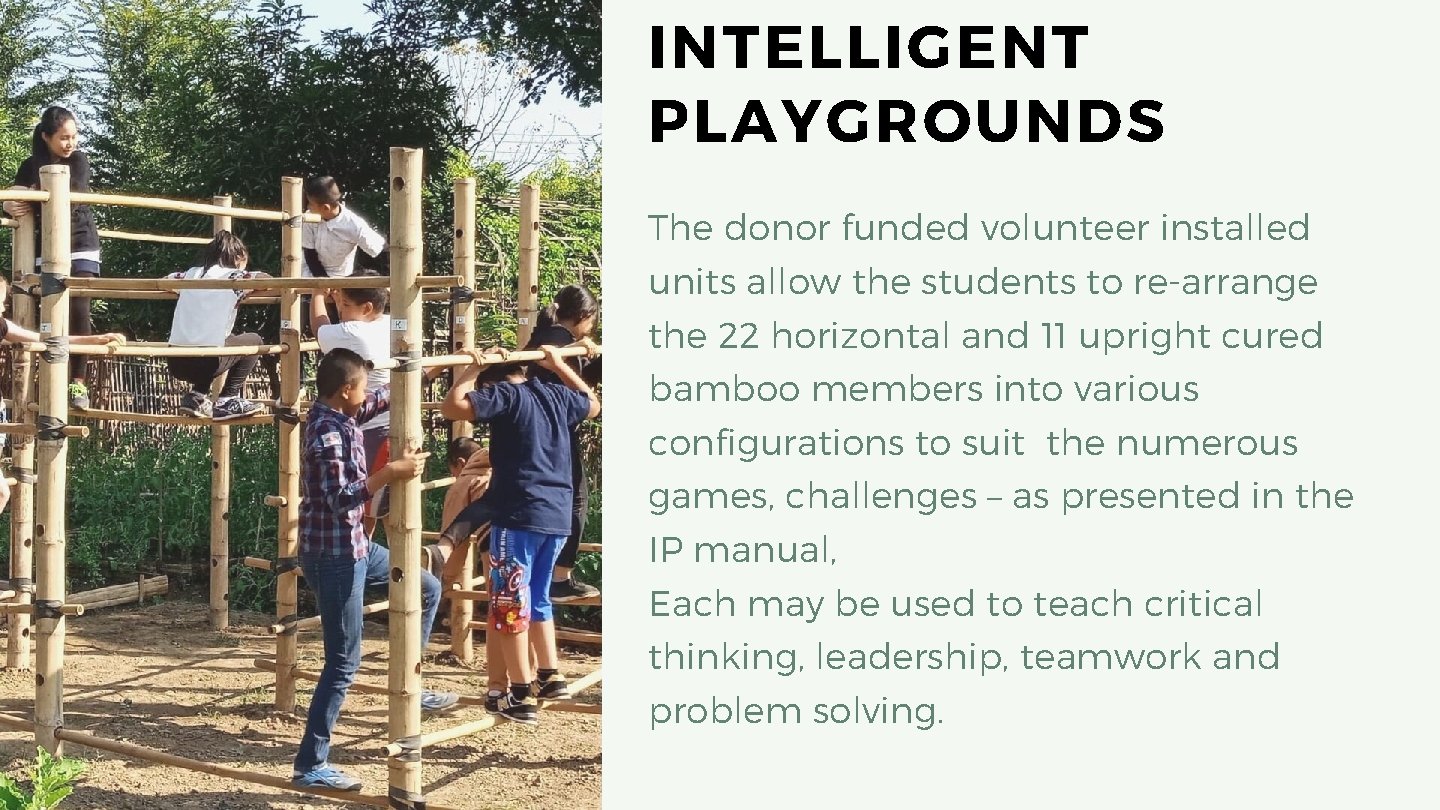 INTELLIGENT PLAYGROUNDS The donor funded volunteer installed units allow the students to re-arrange the