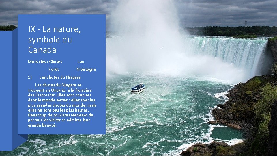IX - La nature, symbole du Canada Mots clés : Chutes Forêt 1) Lac