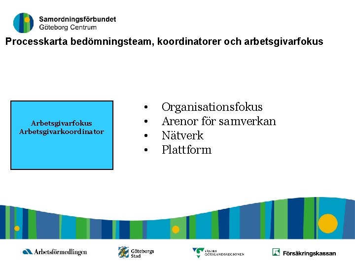 11 Processkarta bedömningsteam, koordinatorer och arbetsgivarfokus Arbetsgivarkoordinator • • Organisationsfokus Arenor för samverkan Nätverk