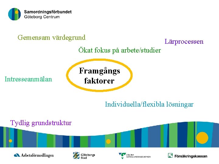 18 Gemensam värdegrund Lärprocessen Ökat fokus på arbete/studier Intresseanmälan Framgångs faktorer Individuella/flexibla lösningar Tydlig