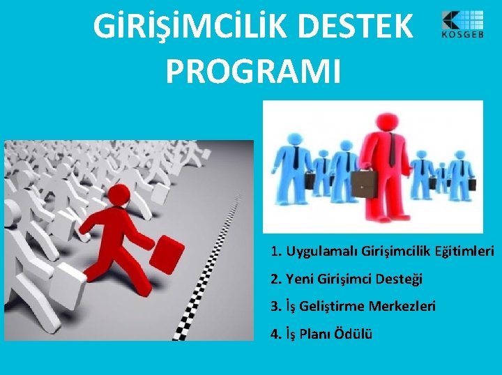 GİRİŞİMCİLİK DESTEK PROGRAMI 1. Uygulamalı Girişimcilik Eğitimleri 2. Yeni Girişimci Desteği 3. İş Geliştirme