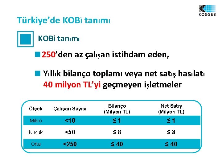 Türkiye’de KOBİ tanımı 250’den az çalışan istihdam eden, Yıllık bilanço toplamı veya net satış