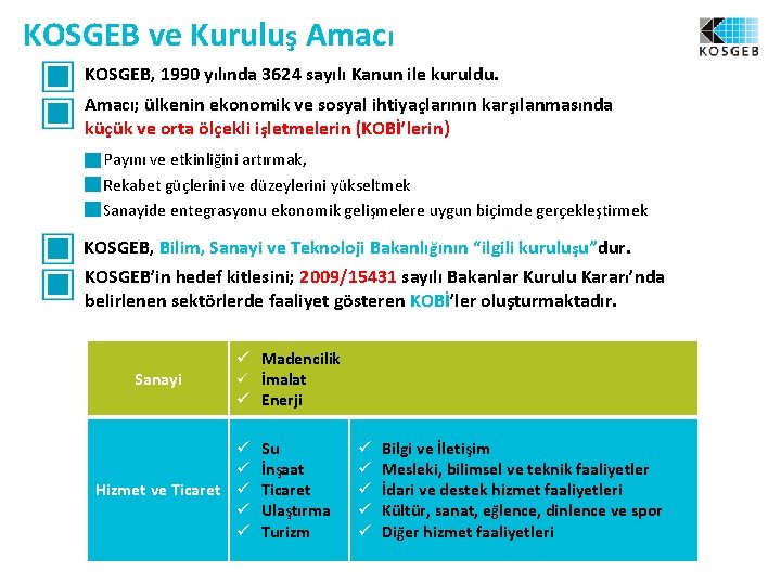 KOSGEB ve Kuruluş Amacı KOSGEB, 1990 yılında 3624 sayılı Kanun ile kuruldu. Amacı; ülkenin