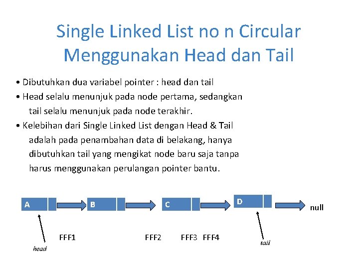 Single Linked List no n Circular Menggunakan Head dan Tail • Dibutuhkan dua variabel