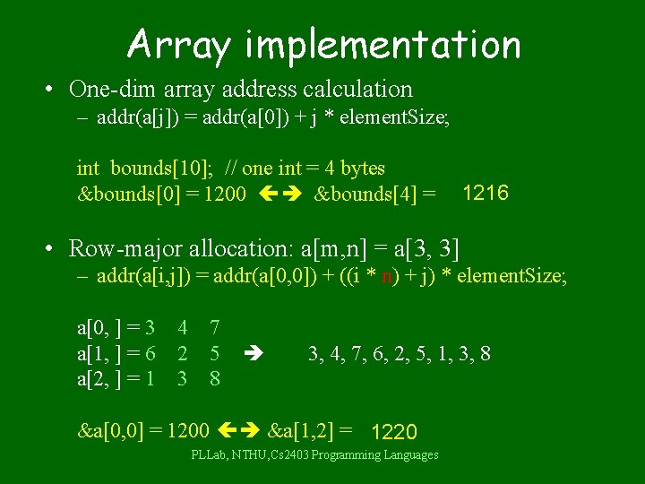 Array implementation • One-dim array address calculation – addr(a[j]) = addr(a[0]) + j *