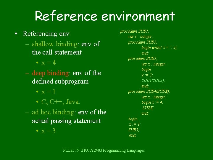 Reference environment • Referencing env – shallow binding: env of the call statement •