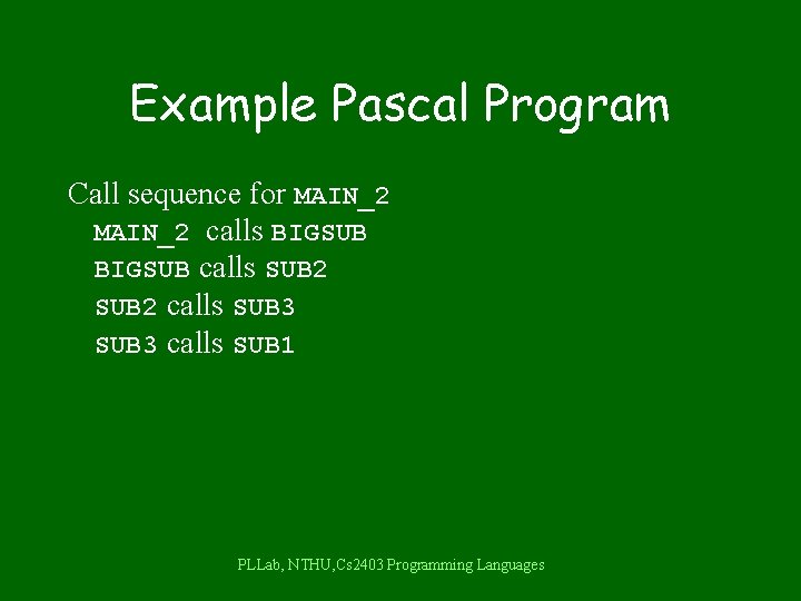 Example Pascal Program Call sequence for MAIN_2 calls BIGSUB calls SUB 2 calls SUB