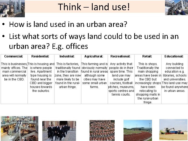 Think – land use! • How is land used in an urban area? •