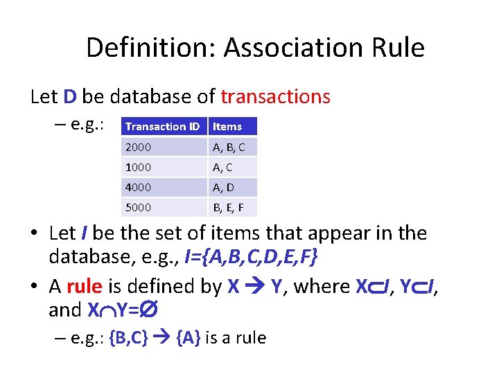 Definition: Association Rule Let D be database of transactions – e. g. : Transaction