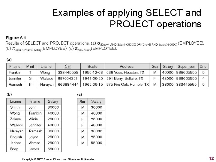 Examples of applying SELECT and PROJECT operations Copyright © 2007 Ramez Elmasri and Shamkant