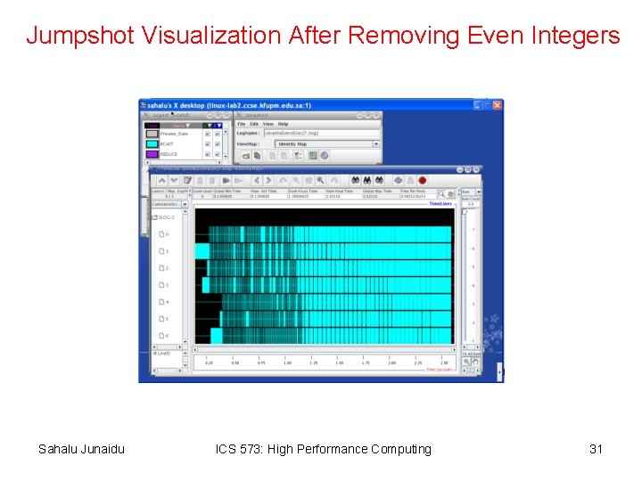 Jumpshot Visualization After Removing Even Integers Sahalu Junaidu ICS 573: High Performance Computing 31