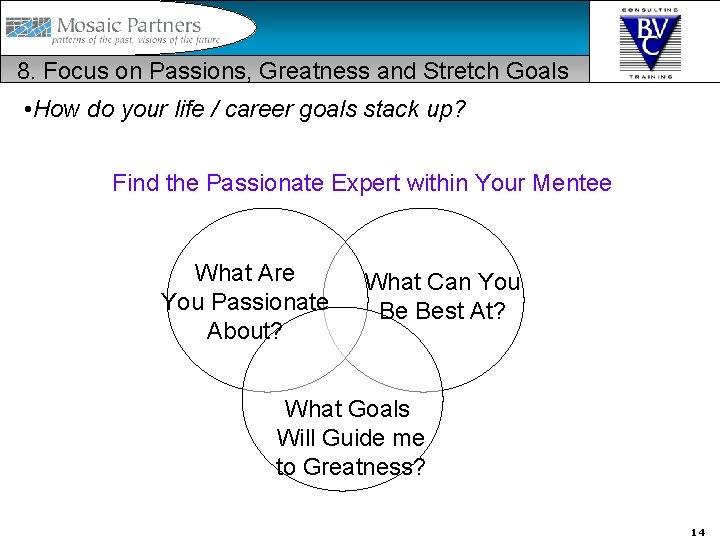 8. Focus on Passions, Greatness and Stretch Goals • How do your life /