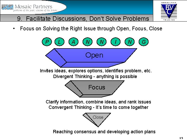 9. Facilitate Discussions, Don’t Solve Problems • Focus on Solving the Right Issue through