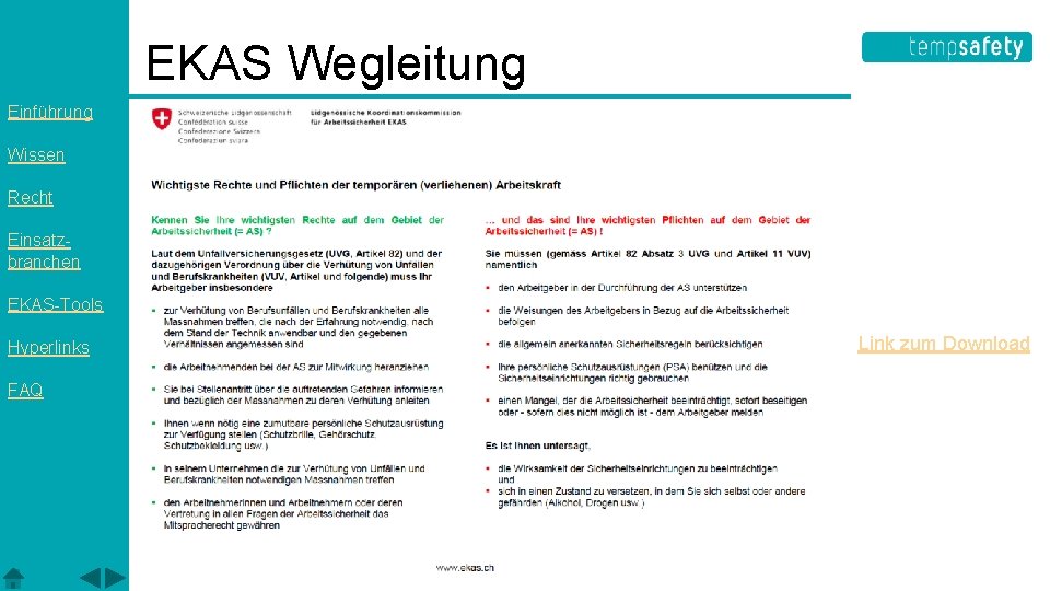 EKAS Wegleitung Einführung Wissen Recht Einsatzbranchen EKAS-Tools Hyperlinks FAQ Link zum Download 