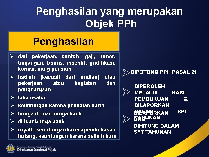 Penghasilan yang merupakan Objek PPh Penghasilan Ø dari pekerjaan, contoh: gaji, honor, tunjangan, bonus,