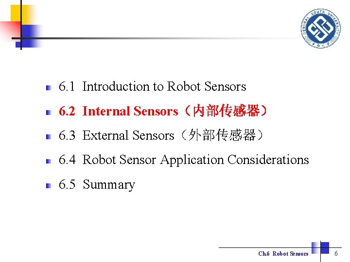 6. 1 Introduction to Robot Sensors 6. 2 Internal Sensors（内部传感器） 6. 3 External Sensors（外部传感器）