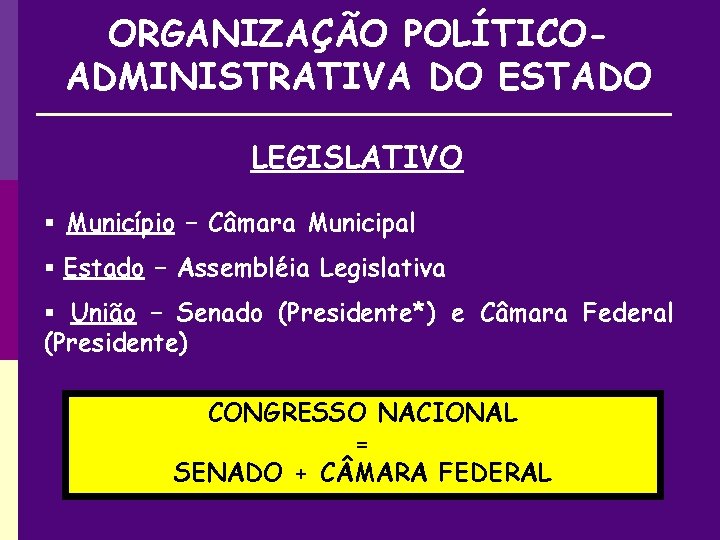 ORGANIZAÇÃO POLÍTICOADMINISTRATIVA DO ESTADO LEGISLATIVO § Município – Câmara Municipal § Estado – Assembléia