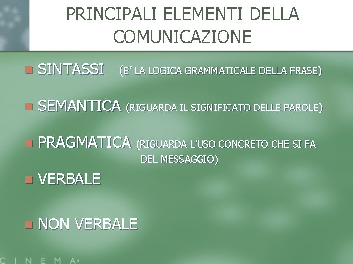 PRINCIPALI ELEMENTI DELLA COMUNICAZIONE n SINTASSI n SEMANTICA (RIGUARDA IL SIGNIFICATO DELLE PAROLE) n