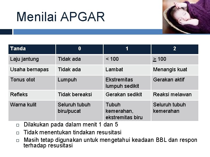 Menilai APGAR Tanda 0 1 2 Laju jantung Tidak ada < 100 > 100