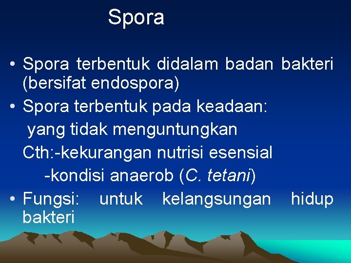 Spora • Spora terbentuk didalam badan bakteri (bersifat endospora) • Spora terbentuk pada keadaan: