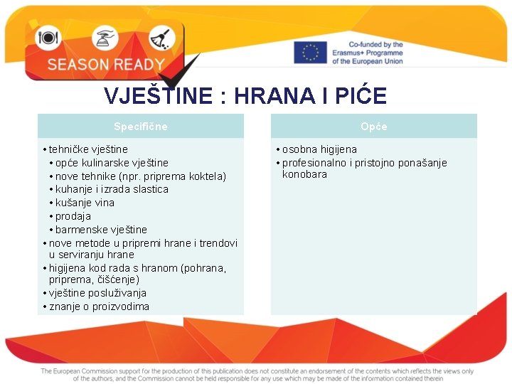 VJEŠTINE : HRANA I PIĆE Specifične • tehničke vještine • opće kulinarske vještine •