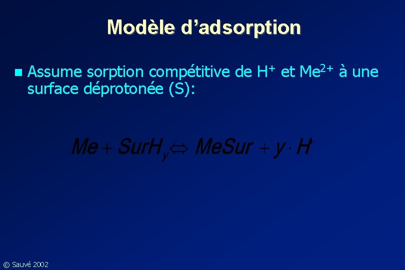 Modèle d’adsorption n Assume sorption compétitive de H+ et Me 2+ à une surface