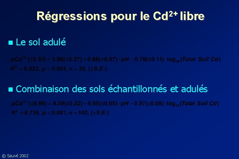 Régressions pour le Cd 2+ libre n Le sol adulé n Combinaison des sols